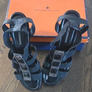 Arturo Chiang Black Strappy Wedges with Embellishments